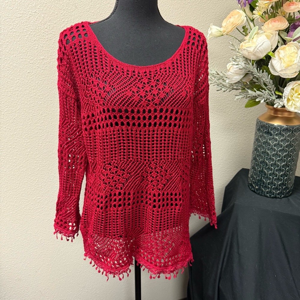 Hannah Red Crochet Knit Boho Sheer Long Sleeve Tunic Top Cover Up Size L